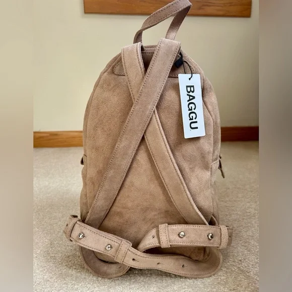 BAGGU Small Leather Backpack in Dune Tan Suede - Picture 10 of 11